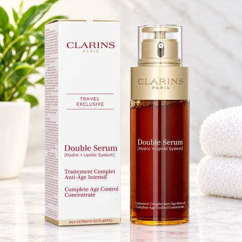 Clarins Double Serum Complete Age Control Concentrate 100ml / 3.3 fl oz (Pack of 2) Hydric + Lipidic Anti-Aging Face Serum New Sealed